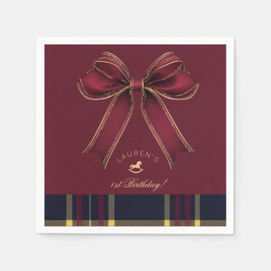 ブルゴーニュ金ゴールドボウロッキングホースラグジュアリー誕生日 スタンダードカクテルナプキン (正面)