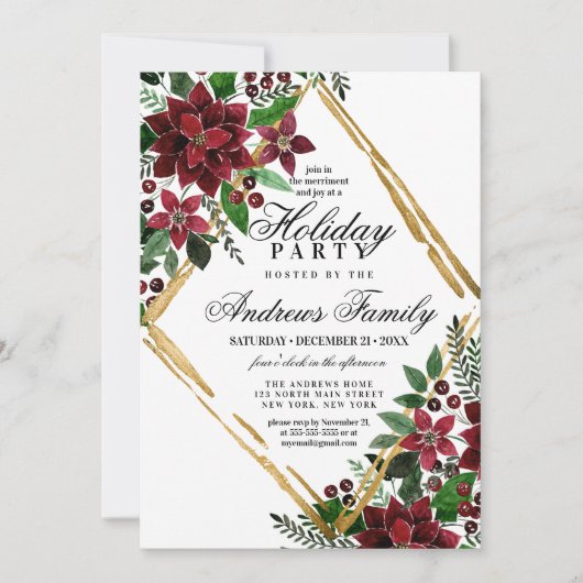 ブルゴーニュ金ゴールドポインセチアフローラホリデーパーティー 招待状 (正面)