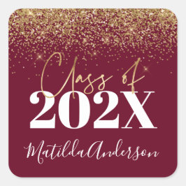 ブルゴーニュ金ゴールドモダングリッターの卒業クラス スクエアシール