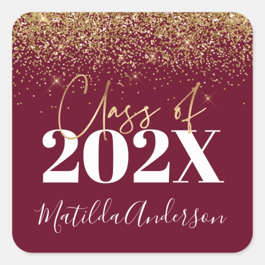 ブルゴーニュ金ゴールドモダングリッターの卒業クラス スクエアシール (正面)