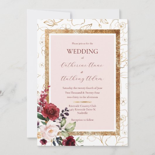 ブルゴーニュ金ゴールドモダンフローラ結婚ズ 招待状 (正面)