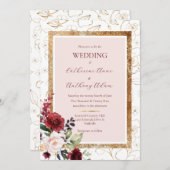 ブルゴーニュ金ゴールドモダンフローラ結婚ズ 招待状 (正面/裏面)
