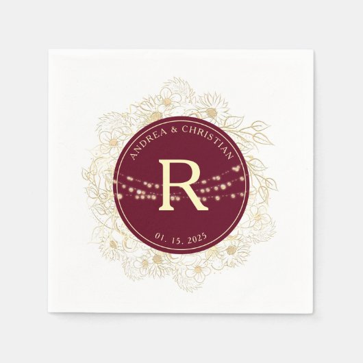 ブルゴーニュ金ゴールドモノグラム結婚ズナプキン スタンダードカクテルナプキン (正面)