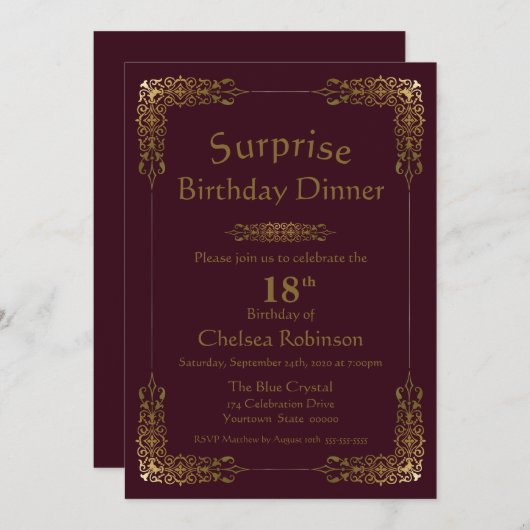 ブルゴーニュ金ゴールドレースサプライズ18誕生日ディナー 招待状 (正面/裏面)