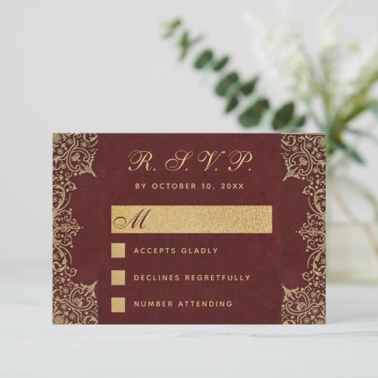 ブルゴーニュ金ゴールドヴィンテージ結婚式エレガント書 出欠カード (スタンド正面)