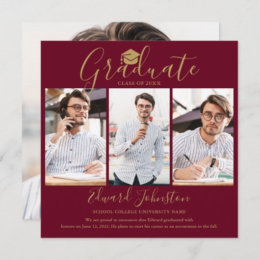 ブルゴーニュ金ゴールド台本卒業4写真卒業 案内状 (正面/裏面)