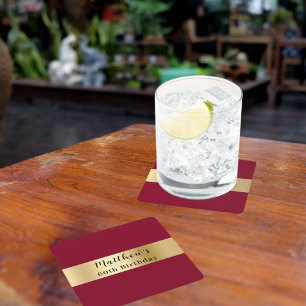 ブルゴーニュ金ゴールド名スクリプト誕生日 スクエアペーパーコースター