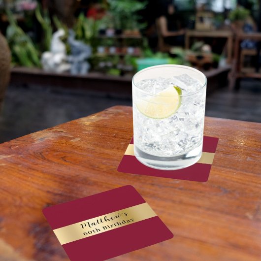 ブルゴーニュ金ゴールド名スクリプト誕生日 スクエアペーパーコースター