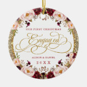 ブルゴーニュ金ゴールド婚約した初めてのクリスマスプ結婚ラス セラミックオーナメント (正面)