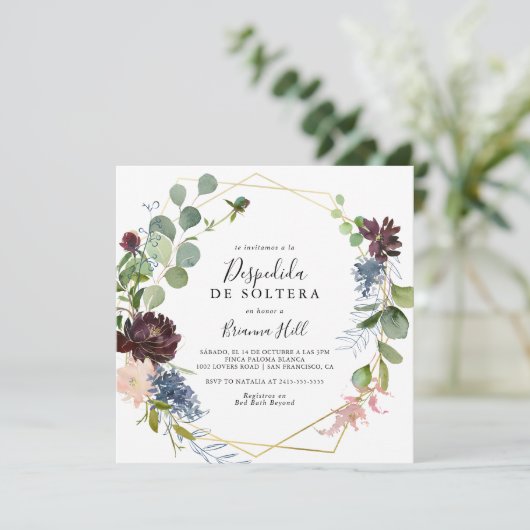 ブルゴーニュ金ゴールド幾何スペインのブライダルシャワー 招待状 (スタンド正面)