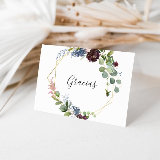 ブルゴーニュ金ゴールド幾何学折り結婚曲げグラシアス サンキューカード