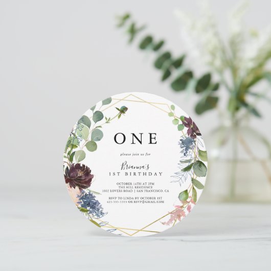 ブルゴーニュ金ゴールド幾何学最初の誕生日パーティー 招待状 (スタンド正面)