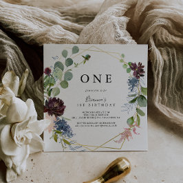 ブルゴーニュ金ゴールド幾何学最初の誕生日パーティー 招待状