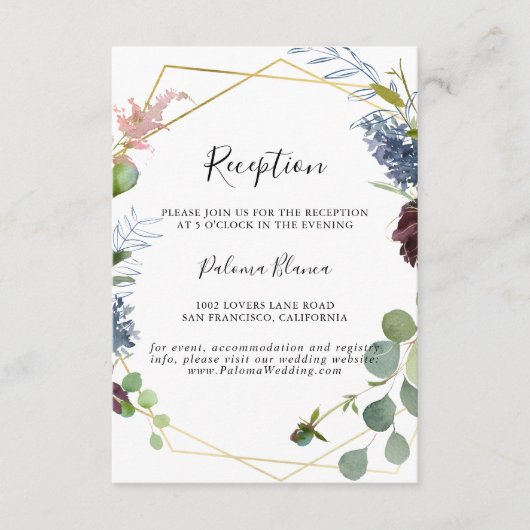 ブルゴーニュ金ゴールド幾何学的ウェディングレセプション エンクロージャーカード (正面)