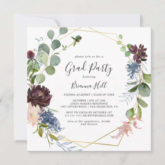 ブルゴーニュ金ゴールド幾何学的グラードパーティー 招待状 (正面)