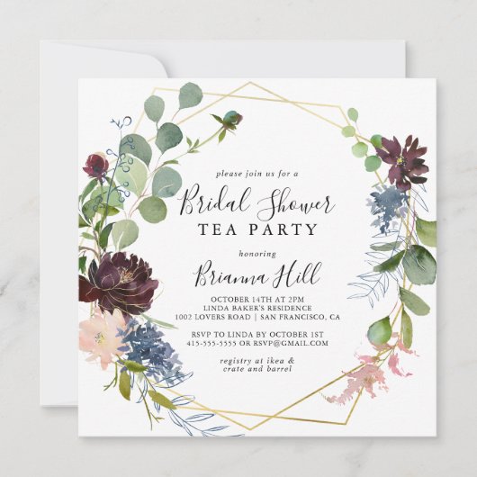 ブルゴーニュ金ゴールド幾何学的ブライダルシャワーティーパーティー 招待状 (正面)