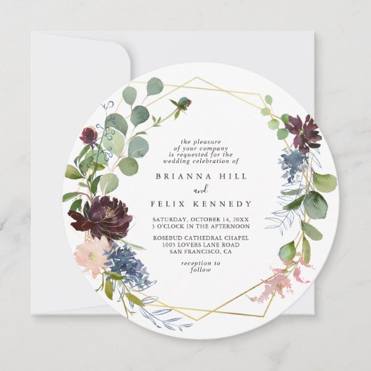 ブルゴーニュ金ゴールド幾何学結婚ダイヤモンド 招待状 (正面)