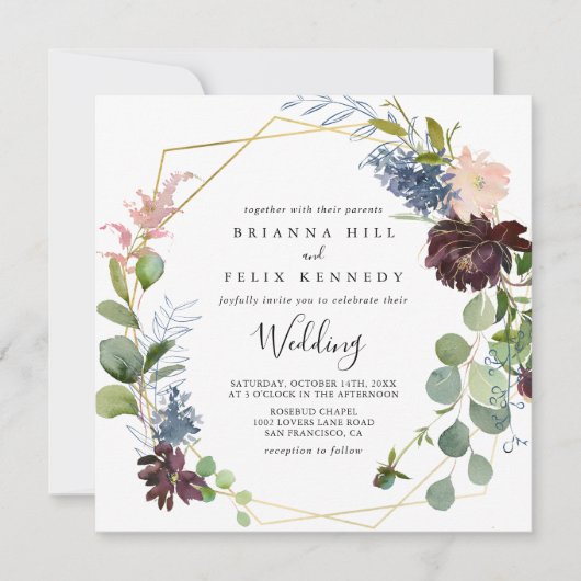 ブルゴーニュ金ゴールド幾何学表結婚面 招待状 (正面)