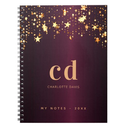 ブルゴーニュ金ゴールド星モノグラムイニシャル贅沢 ノートブック (正面)
