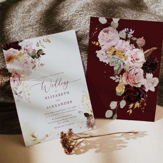 ブルゴーニュ金ゴールド秋エレガントな結婚式の招待状 招待状