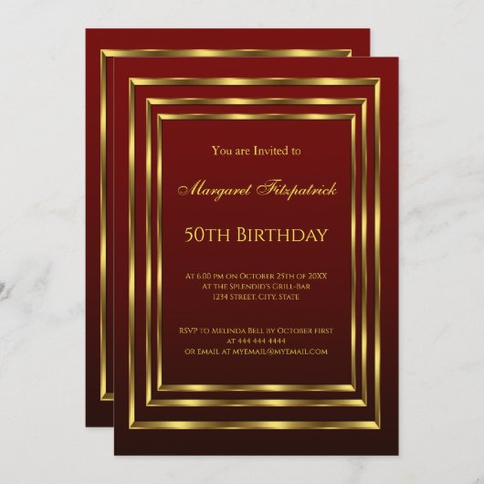 ブルゴーニュ金ゴールド美しい誕生日パーティー 招待状 (正面/裏面)