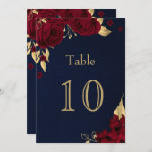 ブルゴーニュ金ゴールド花ネイビーブルーテーブル 招待状 (正面/裏面)