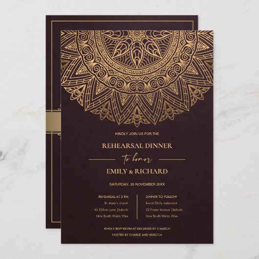 ブルゴーニュ金ゴールド華美マンダラリハーサルディナー 招待状 (正面/裏面)