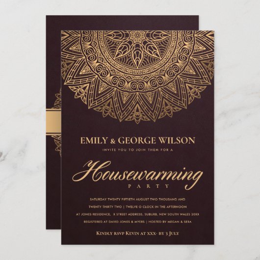 ブルゴーニュ金ゴールド華美マンダラ引っ越し祝いパーティーパーティー 招待状 (正面/裏面)