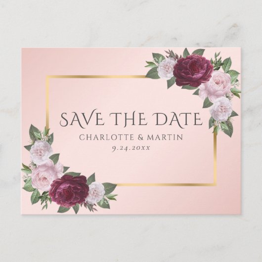ブルゴーニュ金ゴールド赤面ピンクフローラ保存日 案内ポストカード (正面)