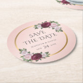 ブルゴーニュ金ゴールド赤面結婚式の日付を保存 ラウンドペーパーコースター (アングル)
