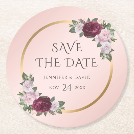 ブルゴーニュ金ゴールド赤面結婚式の日付を保存 ラウンドペーパーコースター (正面)