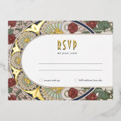 ブルゴーニュ金ゴールドRSVP返信ヴィンテージアールヌーボー 箔シーズンポストカード (正面)