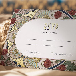 ブルゴーニュ金ゴールドRSVP返信ヴィンテージアールヌーボー 箔シーズンポストカード