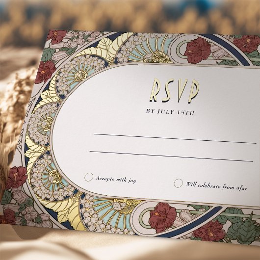 ブルゴーニュ金ゴールドRSVP返信ヴィンテージアールヌーボー 箔シーズンポストカード