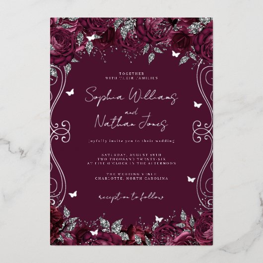 ブルゴーニュ銀の渦巻き結婚スクロール 箔招待状 (正面)