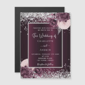 ブルゴーニュ銀エレガントフローラ結婚ズ マグネット招待状 (正面/裏面)