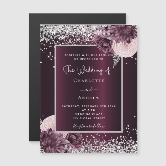 ブルゴーニュ銀エレガントフローラ結婚ズ マグネット招待状 (正面/裏面)