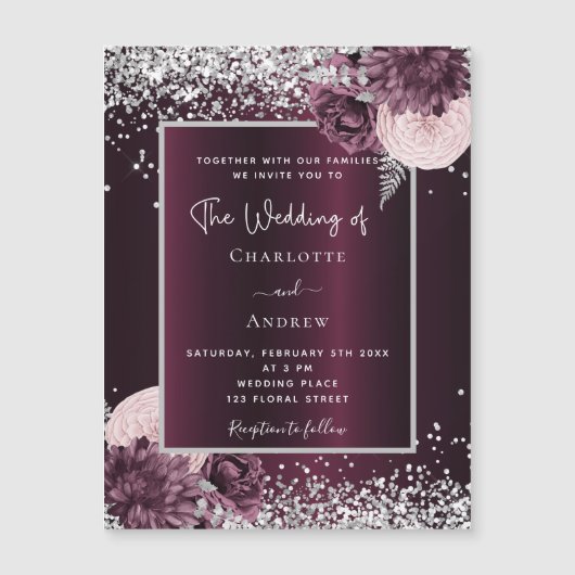 ブルゴーニュ銀エレガントフローラ結婚ズ マグネット招待状 (正面)