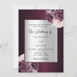 ブルゴーニュ銀スタイリッシュフローラ結婚ズ 招待状