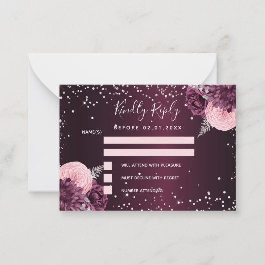 ブルゴーニュ銀フローラグリッター結婚式RSVP ノートカード (正面)