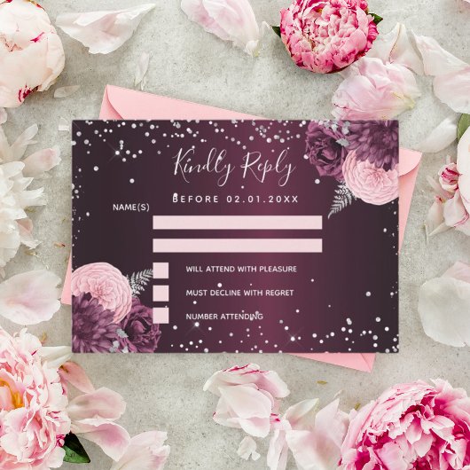 ブルゴーニュ銀フローラグリッター結婚式RSVP ノートカード