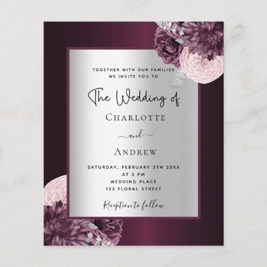 ブルゴーニュ銀フローラ予算結婚式招待状 (正面)