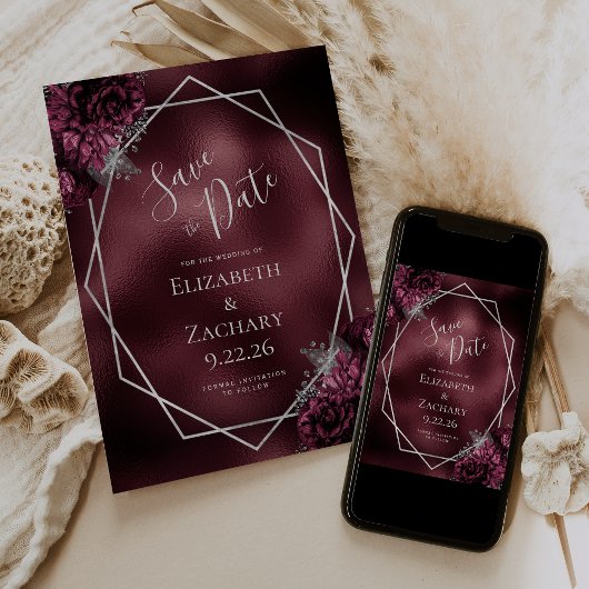 ブルゴーニュ銀フローラ幾何学日付を保存 セーブザデート