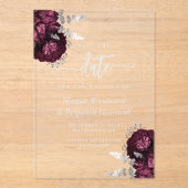 ブルゴーニュ銀フローラ結婚式の日付を保存 アクリル招待状 (正面)