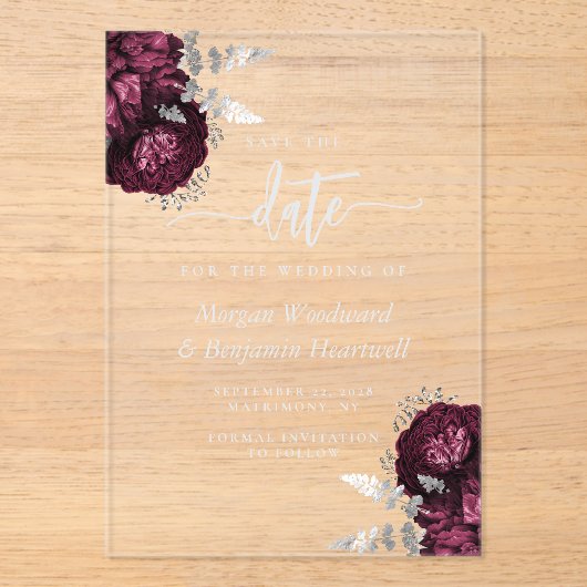 ブルゴーニュ銀フローラ結婚式の日付を保存 アクリル招待状 (正面)