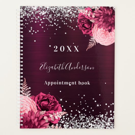 ブルゴーニュ銀花模様の輝く名前2025 プランナー手帳 (正面)