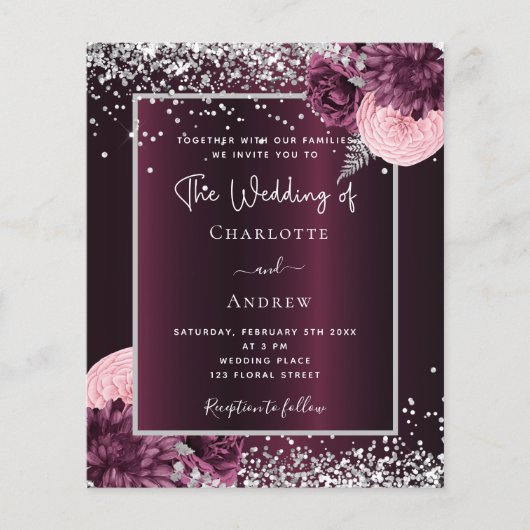 ブルゴーニュ銀花模様予算結婚式招待状 チラシ (正面)