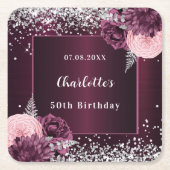 ブルゴーニュ銀花模様誕生日 スクエアペーパーコースター (正面)