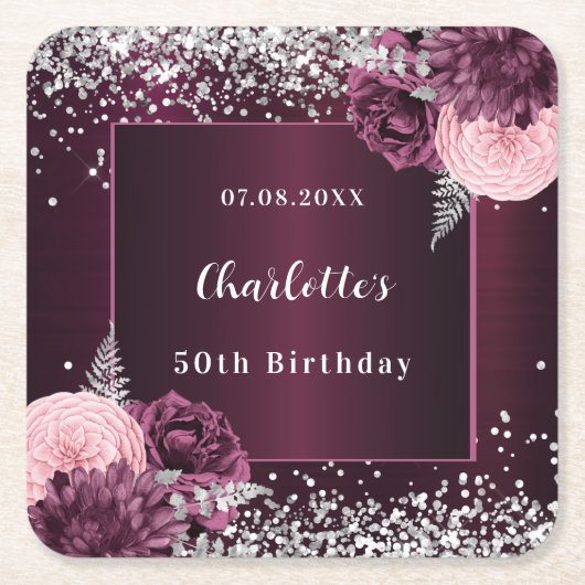 ブルゴーニュ銀花模様誕生日 スクエアペーパーコースター (正面)