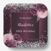 ブルゴーニュ銀花模様誕生日 ペーパープレート (正面)